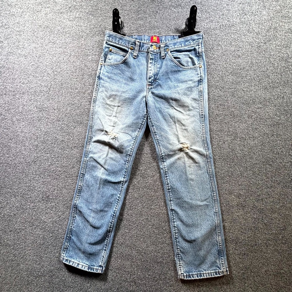 Wrangler 36MWZ Jeans Men's 30x30 Blue Light Wash Slim Fit Cowboy Cut Distressed